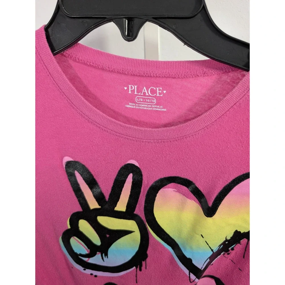 The Childrens Place Girls Pink Peace Love Soccer Graphic Long Sleeve Tee L 10/12